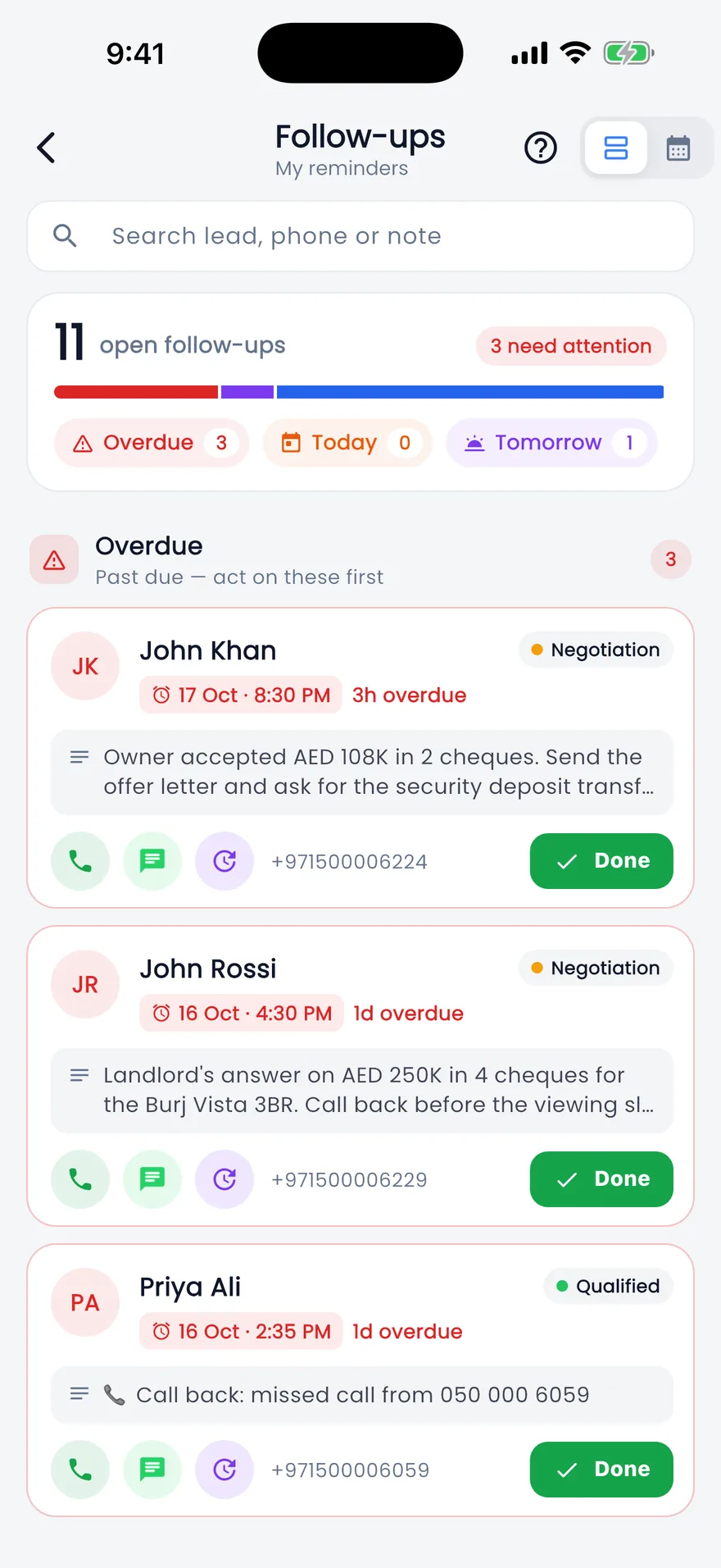 Propfusion app: Follow-ups with overdue, today and tomorrow counts and overdue cards with notes and call, message and Done buttons
