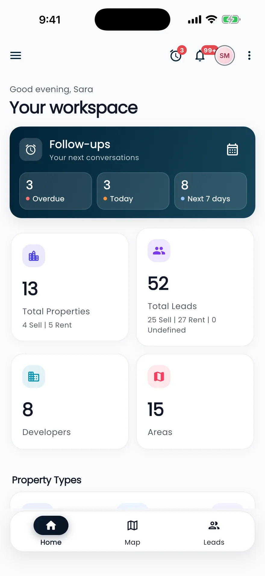 Propfusion app: Home screen with overdue, today and next-7-days follow-ups and totals for properties, leads, developers and areas