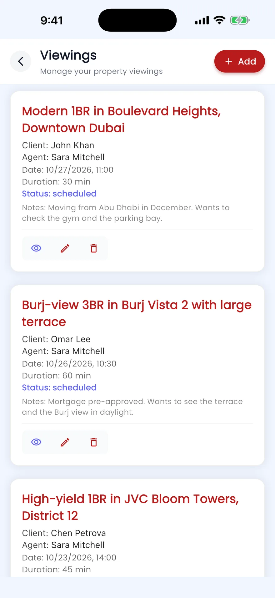 Propfusion app: Upcoming viewings with client, agent, time, duration and notes