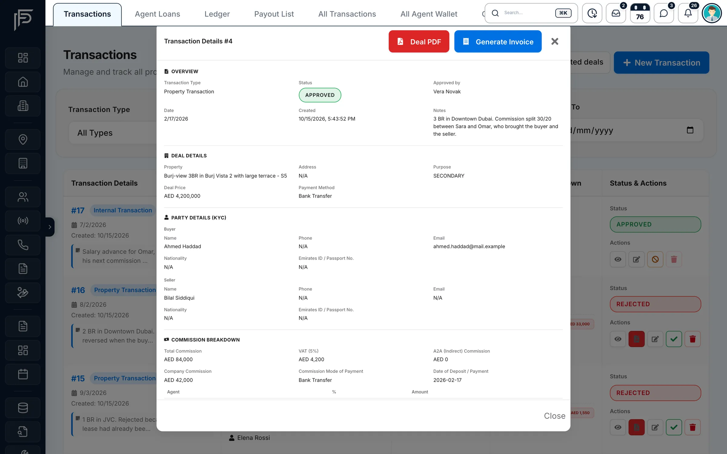 Propfusion CRM: Transaction details with approval status, deal price, buyer and seller KYC fields and a commission and VAT breakdown