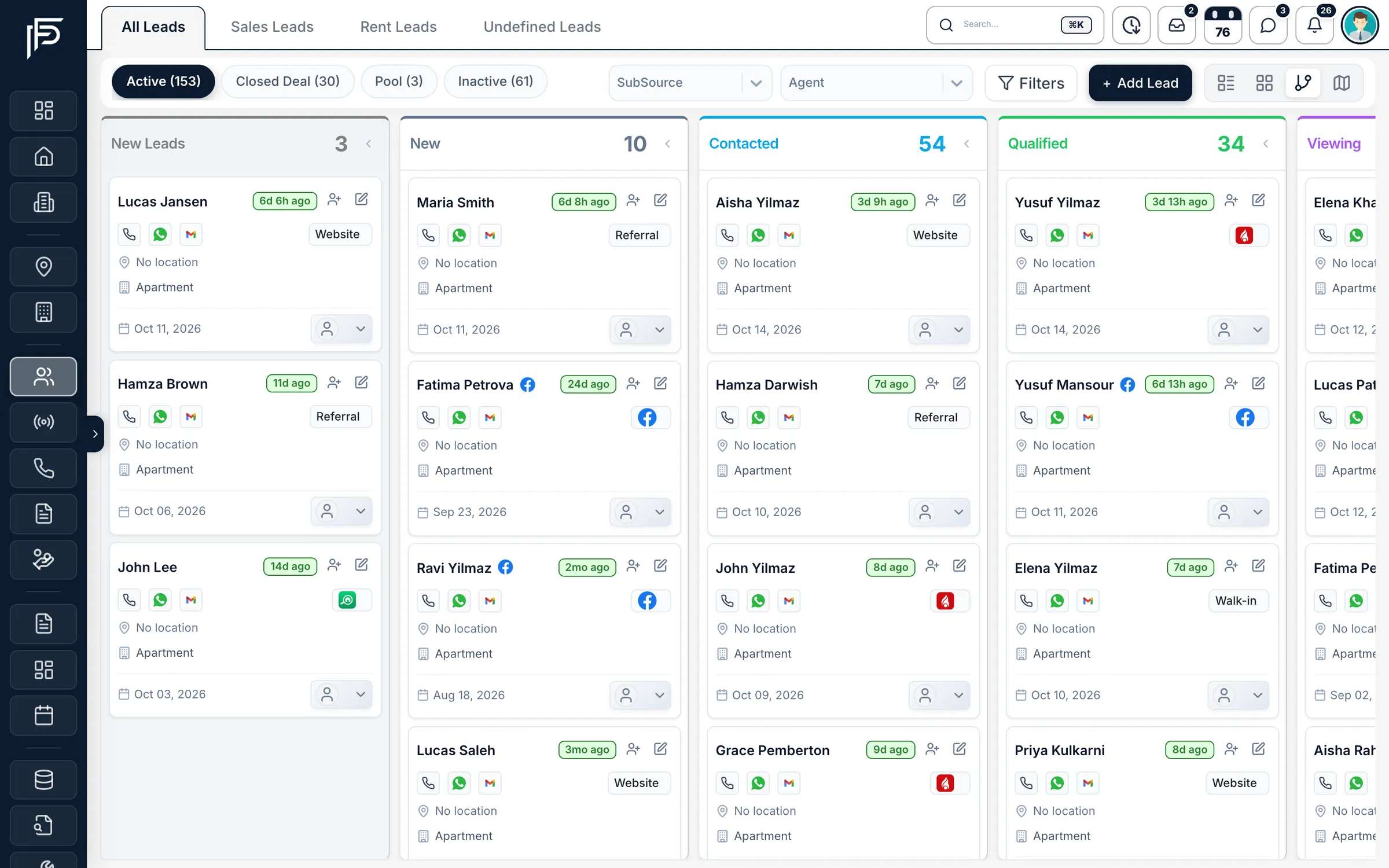 Propfusion CRM: Lead pipeline board with New, Contacted, Qualified and Viewing columns and a card for each lead