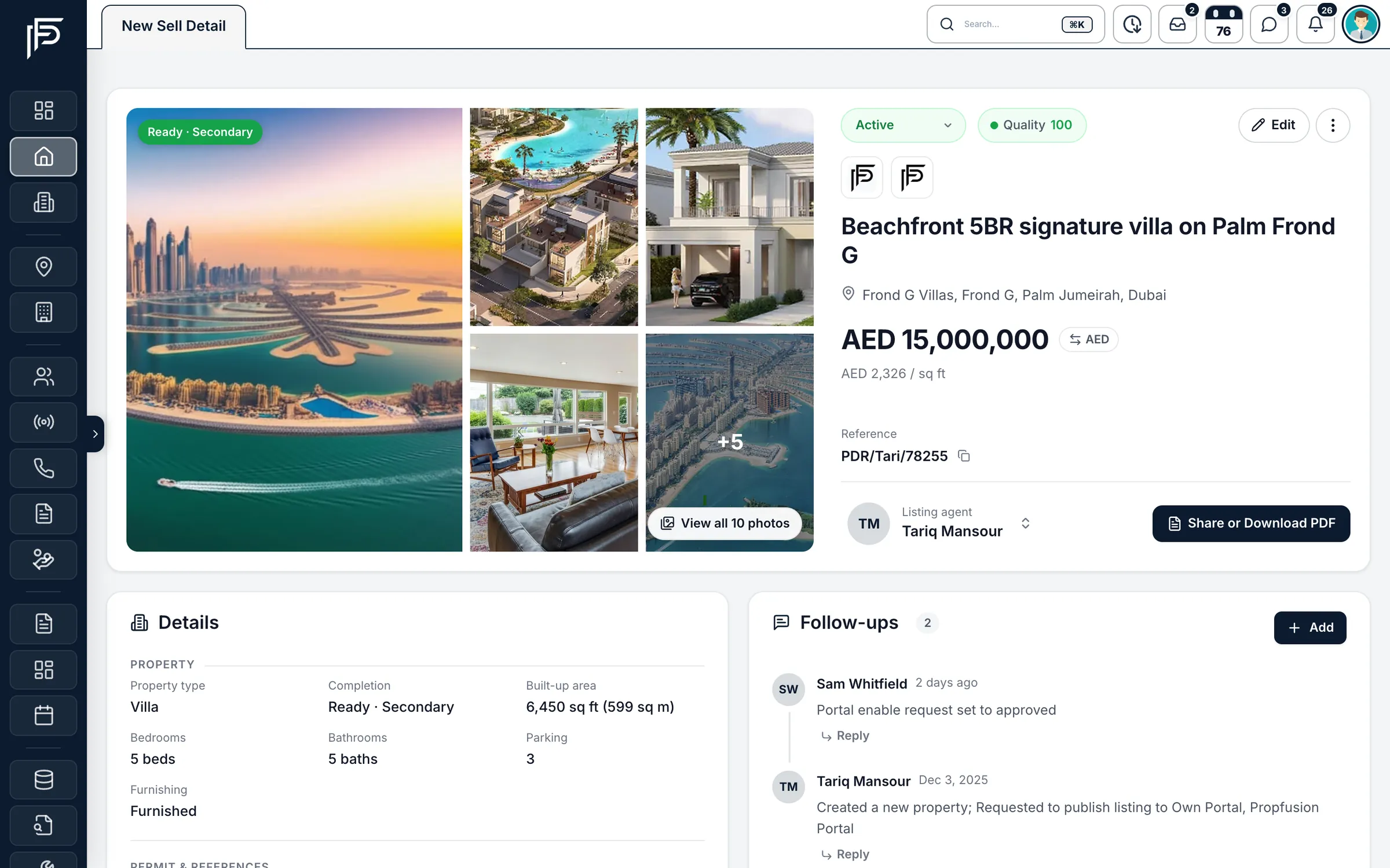 Propfusion CRM: Sale listing page with photo gallery, price per sq ft, portal icons, quality score, listing agent, details and follow-ups