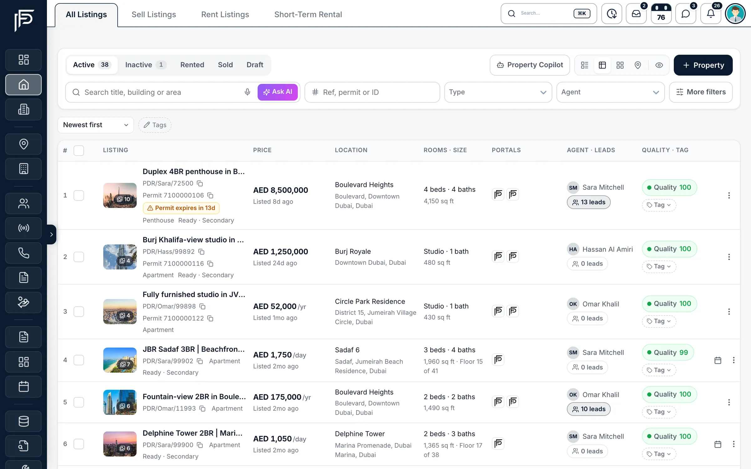 Propfusion CRM: All listings table with photo, price, location, rooms and size, portals, agent, lead count and quality score