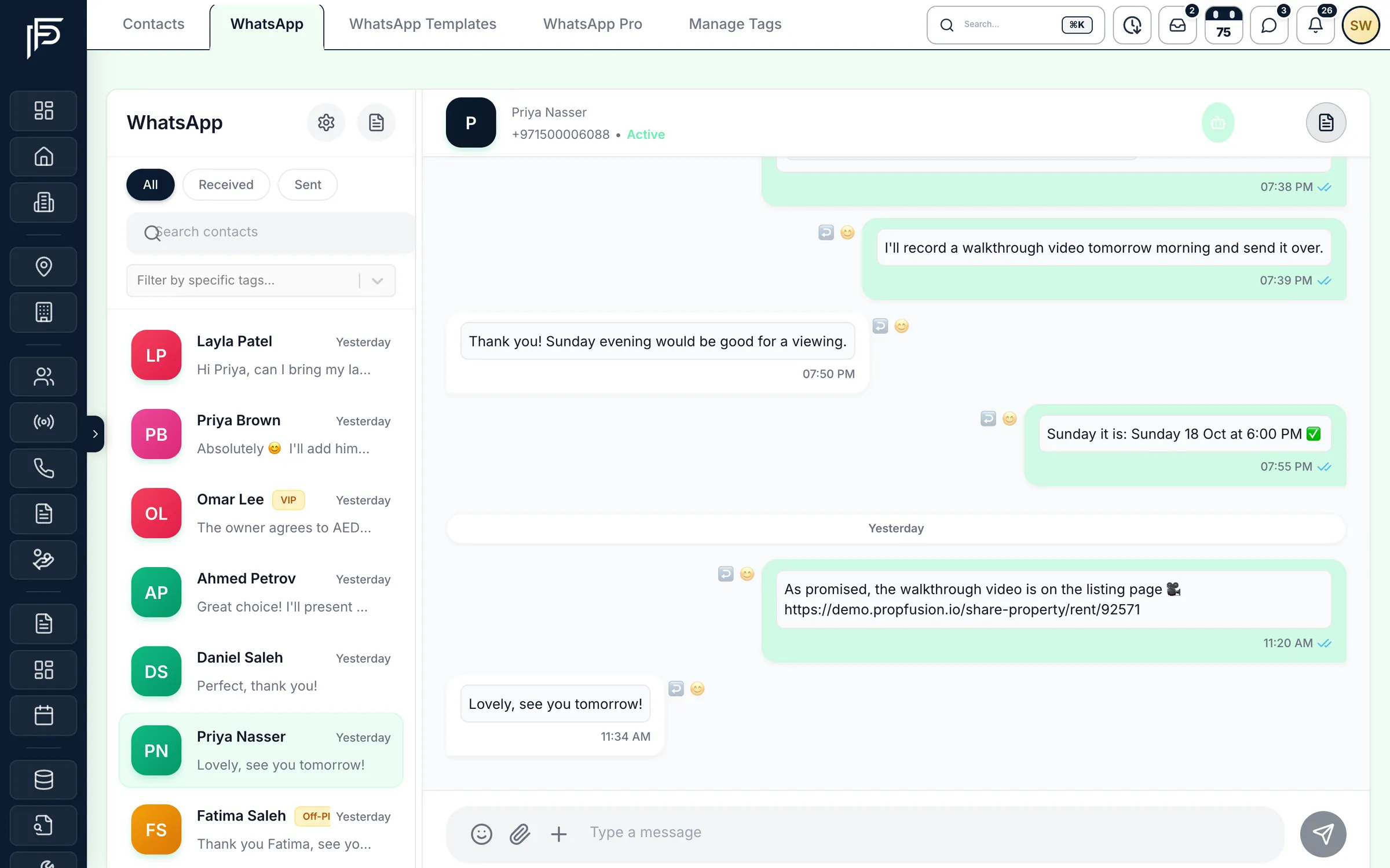 Propfusion CRM: WhatsApp inbox with a client conversation arranging a viewing and sharing a listing link